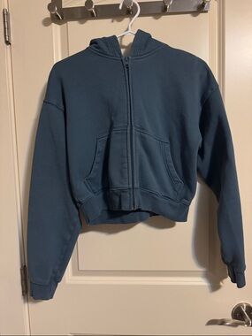 TNA Teal Blue Cropped Zip-Up Hoodie